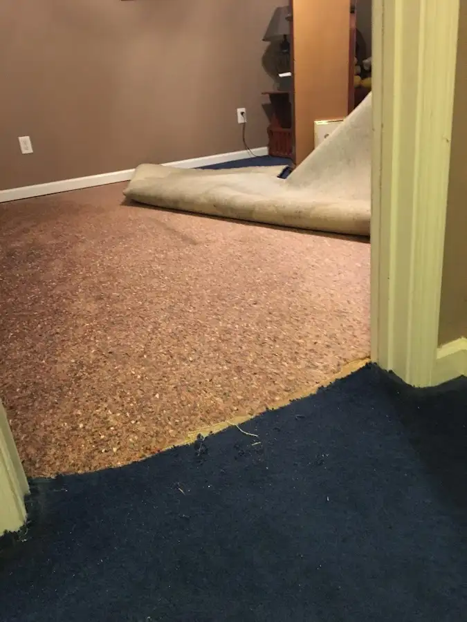 Carpet pad removal revealing water damage during Drying & Dehumidification in Spartanburg